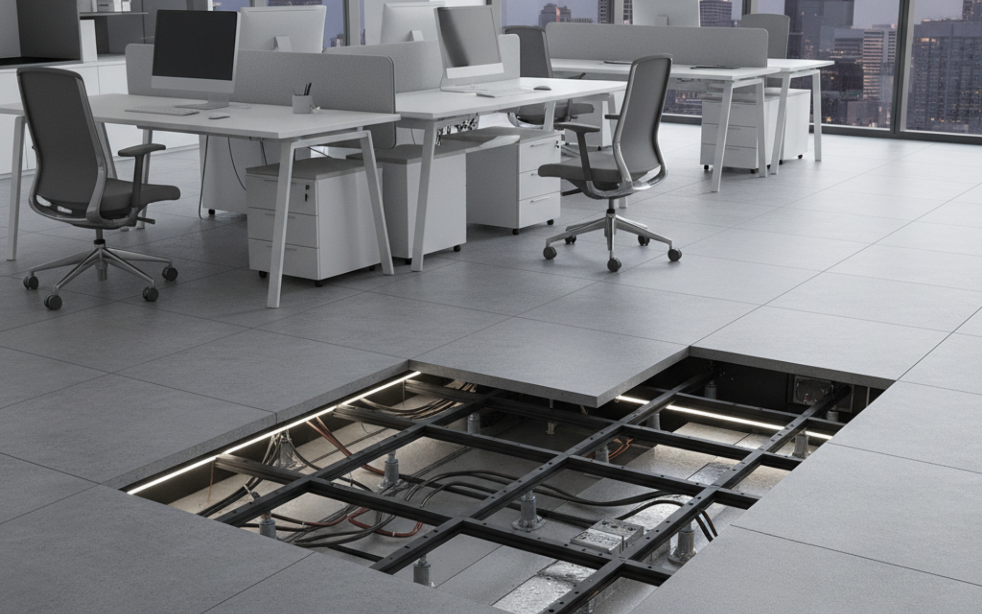 Plancher technique surélevé en sulfate de calcium installé par Cogelas